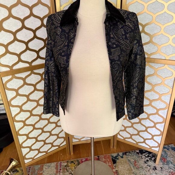Y2K Scott McClintock Size 8 Black & Gold Paisley Faux Fur Collar Blazer Jacket - Picture 2 of 15